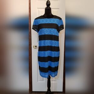 London Times Black Blue Stripe Lace Shift Dress Women Size 16